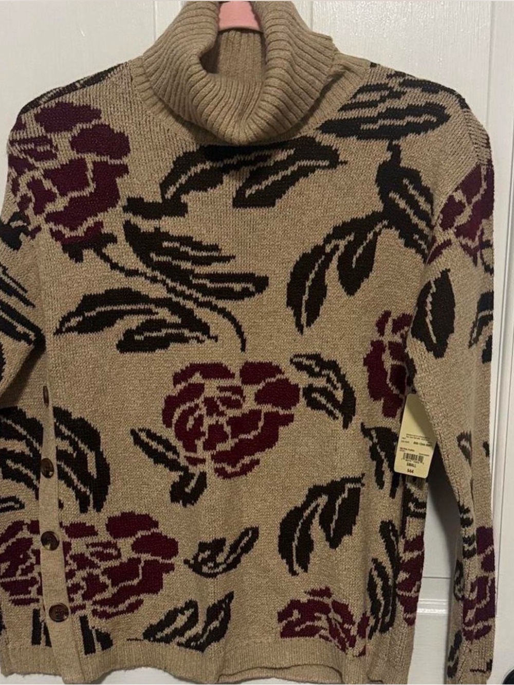 St. John's Bay Beige Floral Turtleneck Sweater with Burgundy and Black